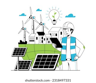 Renewable energy concept. Vector illustration of clean electric energy from renewable sources, sun, and wind. Sustainable green energy, renewable energy sources, and green electricity