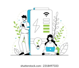 Concepto de energía renovable. Ilustración vectorial de energía eléctrica limpia a partir de fuentes renovables, sol y viento. Energía verde sostenible, fuentes de energía renovables y electricidad verde