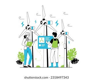 Renewable energy concept. Vector illustration of clean electric energy from renewable sources, sun, and wind. Sustainable green energy, renewable energy sources, and green electricity