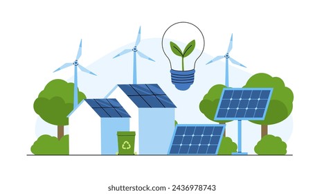 Renewable energy concept. Vector illustration of clean electric energy from renewable sources, sun, and wind. Sustainable green energy, renewable energy sources, and green electricity