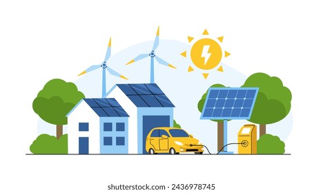 Renewable energy concept. Vector illustration of clean electric energy from renewable sources, sun, and wind. Sustainable green energy, renewable energy sources, and green electricity