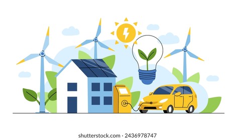 Renewable energy concept. Vector illustration of clean electric energy from renewable sources, sun, and wind. Sustainable green energy, renewable energy sources, and green electricity