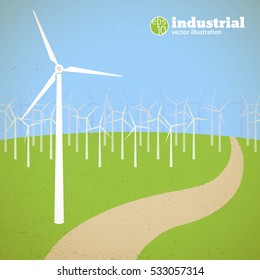 Renewable energy concept with wind turbines in field in flat style vector illustration