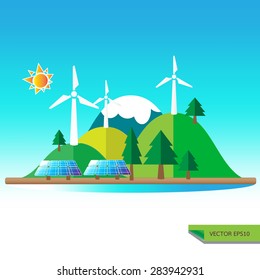 renewable energy in countryside forest nature landscape ecology illustration vector