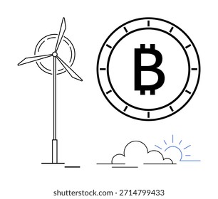 Energía renovable, criptomonedas, blockchain, energía limpia, tecnología sostenible, economía ecológica. Símbolo de Bitcoin junto a una turbina de viento y el amanecer. Concepto de energía renovable y criptomoneda