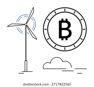 Energía renovable, minería de criptomonedas, tecnología blockchain, energía sostenible, innovación ecológica, moneda digital. Turbina de viento, símbolo de Bitcoin nubes minimalistas. Energías renovables