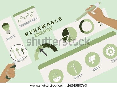 Renewable Energy Data Analytics Dashboard Report. Hands analyzing renewable energy dashboard. Sustainable power icons showing performance metrics and statistics. Flat style. Vector illustration