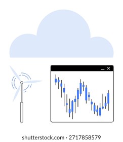 Renewable energy, data analytics, green technology, cloud storage, wind power, sustainable innovation. A wind turbine, digital graph and cloud eco-friendly technology. Renewable energy and data