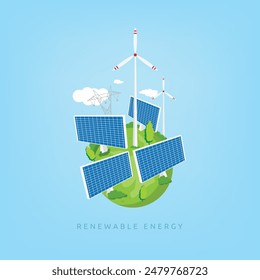 RENEWABLE ENERGY DESIGN CONCEPT. TREE, POWER GENERATOR AND EARTH ILLUSTRATION.