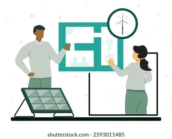 Renewable energy development plans concept. Peoples discussion about blueprint of wind power and solar panel. Green energy, eco energy in build, alternative energy. 
