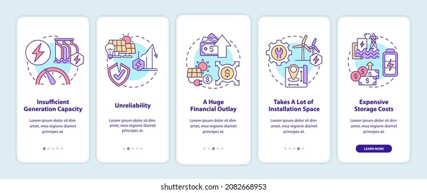 Renewable energy disadvantages onboarding mobile app page screen. Financial outlay walkthrough 5 steps graphic instructions with concepts. UI, UX, GUI vector template with linear color illustrations