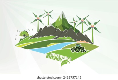 renewable energy earth sun, wind and water. Vector illustration