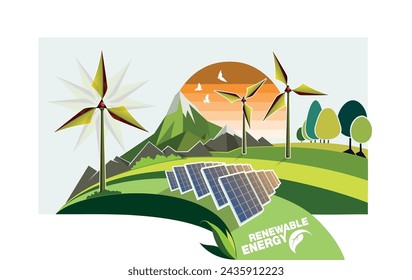 renewable energy earth sun, wind and water. Vector illustration