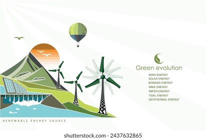 renewable energy earth sun, wind and water. Vector illustration