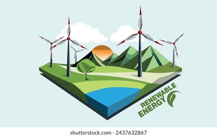 renewable energy earth sun, wind and water. Vector illustration