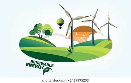 renewable energy earth sun, wind and water. Vector illustration
