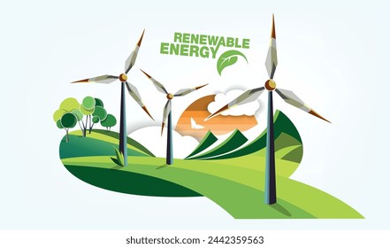 renewable energy earth sun, wind and water. Vector illustration