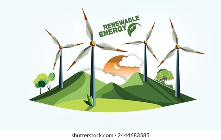 renewable energy earth sun, wind and water. Vector illustration