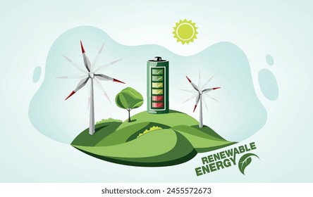 renewable energy earth sun, wind and water. Vector illustration
