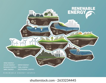 renewable energy earth sun, wind and water. Vector illustration