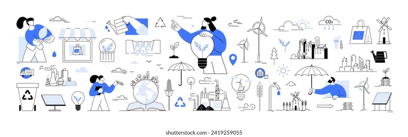 Erneuerbare Energien umweltfreundliche Verfahren für nachhaltige Wirtschaft. Grünes Energiebild. Nachhaltige Entwicklung. Ökologisches Ökosystem und Umweltverschmutzung. Intelligente ökologische Systeme und Recycling-Symbol-Set. Solar- und Wasserversorgung