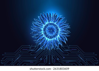 Renewable energy and eco innovation concept with glowing polygonal sunflower sprouting from circuit board on dark background. Futuristic low poly style, abstract vector illustration.