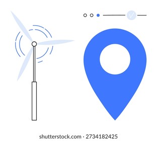 Energía renovable, soluciones ecológicas, geolocalización, sostenibilidad, estrategia ambiental, tecnología verde. Turbina de viento minimalista y pin de mapa. Concepto de energía renovable y soluciones ecológicas