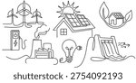Renewable energy and ecology concept. Set of single-line drawings: solar panels, wind turbines, etc. Renewable solar and wind energy concept. Editable vector line drawing.