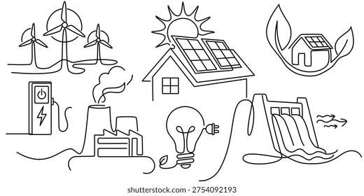 Renewable energy and ecology concept. Set of single-line drawings: solar panels, wind turbines, etc. Renewable solar and wind energy concept. Editable vector line drawing.