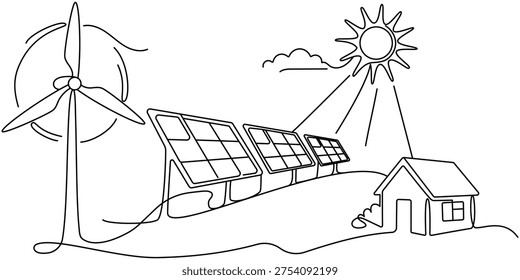 Renewable energy and ecology concept. Set of single-line drawings: solar panels, wind turbines, etc. Renewable solar and wind energy concept. Editable vector line drawing.