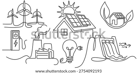 Renewable energy and ecology concept. Set of single-line drawings: solar panels, wind turbines, etc. Renewable solar and wind energy concept. Editable vector line drawing.
