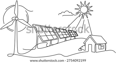 Renewable energy and ecology concept. Set of single-line drawings: solar panels, wind turbines, etc. Renewable solar and wind energy concept. Editable vector line drawing.