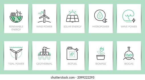 Renewable energy. Ecology concept. Web page template. Metaphors with icons such as wind power, solar energy, hydropower, wave and tidal power, geothermal, biofuel, biomass andd biogas.