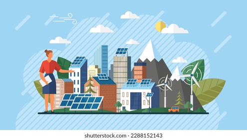 Renewable energy, ecology and green electricity. Modern eco suny panel on roof renewable electricity systems. Windmill and solar panel. Solar panels energy charging. Smart eco city. Green energy