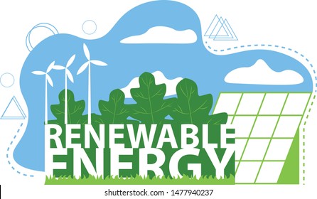 
Renewable energy, ecology, sun, light, modern flat style, sun panel, wind turbine, vector
