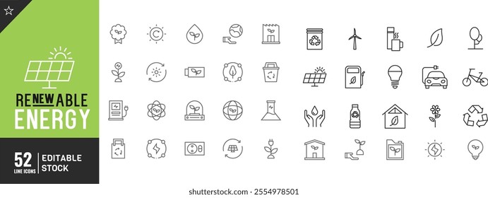 Renewable energy Editable line icon set. Thin modern style vector illustration. Esg, smart city. solar energy and more.