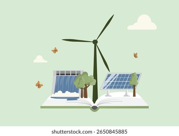 Renewable Energy Education Book. Flat design of open book with wind turbine, solar panels, tree and butterflies representing green energy education. Renewable energy concept. Vector illustration