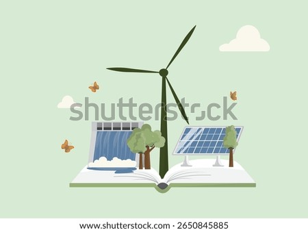 Renewable Energy Education Book. Flat design of open book with wind turbine, solar panels, tree and butterflies representing green energy education. Renewable energy concept. Vector illustration