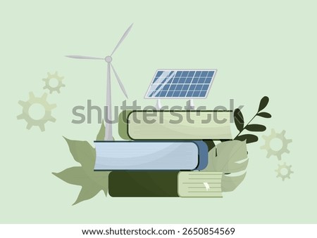 Renewable Energy Education Book. Flat design illustration showing stacked books with wind turbine, solar panel and leaves representing green energy education resources. Vector illustration