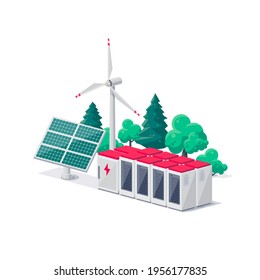 Renewable energy electric power station smart grid system. Isolated vector illustration of photovoltaic solar panels, wind turbines and rechargeable li-ion battery energy storage for off-grid backup.