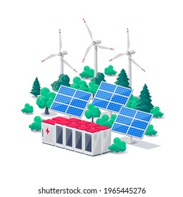 Renewable energy electric power station smart grid system. Isolated vector illustration of photovoltaic solar panels, wind turbines and lithium-ion battery energy storage for off-grid backup on white.