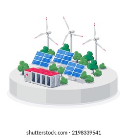 Renewable energy electric power station smart grid system. Isolated vector illustration of photovoltaic solar panels, wind turbines and rechargeable li-ion battery energy storage for off-grid backup.