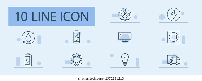 Renewable energy and electricity set icon. Battery, drop, recycling, power, socket, gear, system, transport, light bulb, efficiency