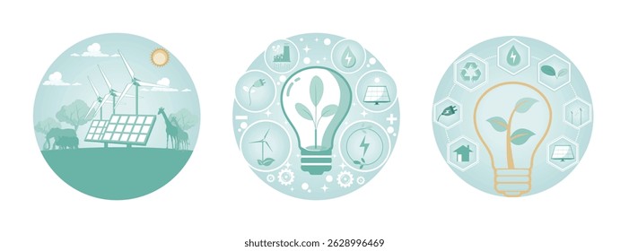 Renewable energy elements, including wind turbines and solar panels, amidst a natural landscape. Depicts solar panels, wind turbines, and eco friendly. Nature conservation and ecology.  