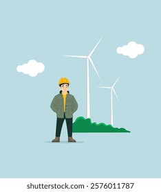 Renewable energy engineer wearing a helmet, standing in front of wind turbines, highlighting sustainable energy and green technology for a better future