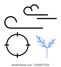 Energía renovable, conservación del medio ambiente, cambio climático, aire limpio, enfoque de precisión, iniciativas ecológicas. Líneas de viento estilizadas, símbolo de destino y hojas. Energías renovables y medio ambiente