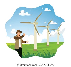 Renewable energy and environmental conservation. An entrepreneur uses windmills to generate environmentally friendly electricity.