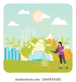 Renewable energy and environmental conservation featuring a woman watering plants near solar panels and wind turbines in commemoration of World Environment Day. Climate change concept.