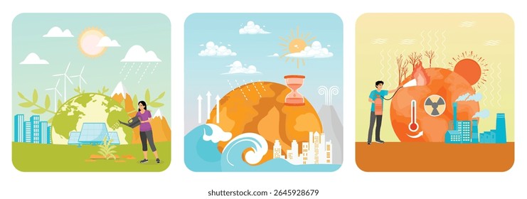 Renewable energy and environmental conservation. Impacts of climate change due to global warming. Extinguisher on a burning Earth. Climate change concept.