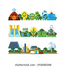 renewable energy, environmental eco plants and stations using alternative energy sources vector illustration